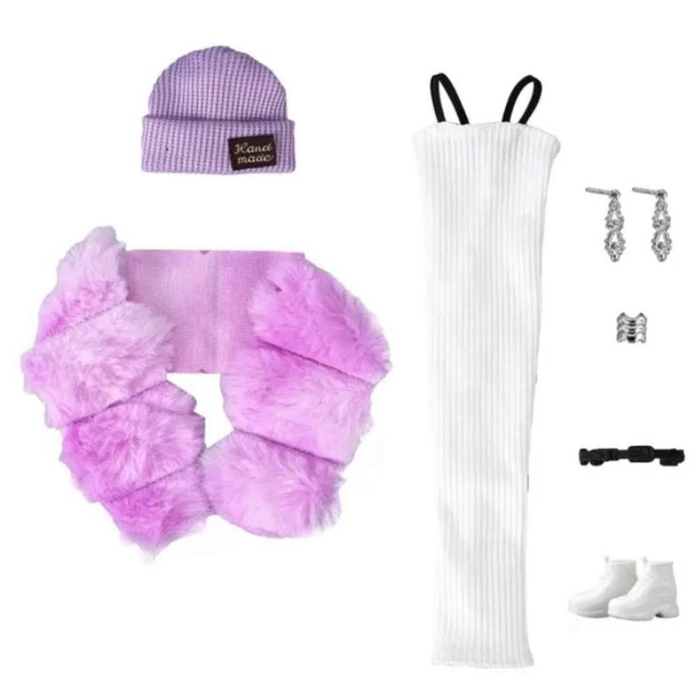 Barbie’s Stylish Purple Fur Wrap. Beanie. Dress Set.
